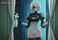 1girls 2b_(nier:automata) ai_generated anime anime_style artist_name ass_visible_through_thighs black_blindfold black_gloves black_hairband black_thighhighs blindfold bob_cut breasts cleavage cleavage_cutout clothing_cutout covered_eyes covered_navel curtain_grab curtains feather-trimmed_sleeves feather_trim female fitting_room gloves hairband hentai hi_res highleg highleg_leotard indoors juliet_sleeves large_breasts leotard long_sleeves medium_breasts mole mole_under_mouth mystic_maidens nier nier:_automata nier_(series) night patreon puffy_sleeves short_hair smile solo thick_thighs thighhighs thighs unworn_skirt white_hair white_leotard yorha_2b