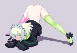 1boy 2d after_sex ahegao androgynous bare_ass blush bob_cut bottomless burrrntlemon color crossdressing crossdressing_male cum femboy femboy_only full_color girly green_socks green_thighhighs high_heels highres jack-o'_challenge jack-o_pose jacket lio_fotia maid_headdress male male_only mary_janes petite petite_body petite_male promare shoes short_hair simple_background sleeves_past_wrists slim slim_male slim_waist solo stockings tears thighhighs tongue tongue_out