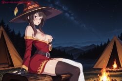 ai_generated areolae artist_name bandaged_leg bandages bangs bare_shoulders belt black_belt black_gloves black_hair black_legwear blush breasts breasts_outside brown_hair choker collar collarbone dress female female_only fingerless_gloves fire gloves hat hi_res high_quality high_resolution kiraamane kono_subarashii_sekai_ni_shukufuku_wo! megumin mountain night night_sky nipples off_shoulder outdoors patreon patreon_logo patreon_username red_dress red_eyes seductive sexy short_hair short_hair_with_long_locks sidelocks single_thighhigh sitting sky small_breasts smoke solo star_(sky) starry_sky thighhighs uncensored watermark web_address witch_hat