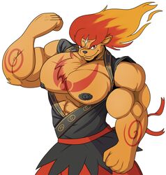 2016 abs anthro biceps big_pecs blazion chest_tuft feline flexing furry hyper lion male male_only mane muscles nipples no_humans pecs plain_background red_eyes robe smiling solo yo-kai_watch