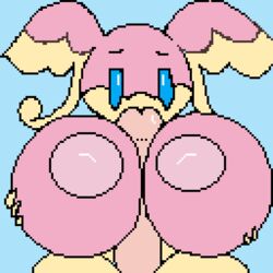 1boy 1girls animated areolae audino blink blue_background blue_eyes breast_grab breasts color cyan_background disembodied_penis female furry huge_breasts male nintendo nipples paizuri pcred566 penis pixel_art pokemon solo_focus straight video_games