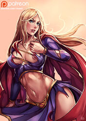 1girls belly blonde_female blonde_hair blue_eyes breasts cape dc dc_comics female female_only kachima kara_zor-el large_breasts legs long_hair midriff navel nipples skirt solo supergirl superman_(series) thighs torn_clothes