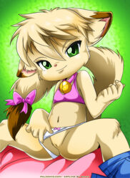 annie_(little_tails) bbmbbf feline female flat_chested furry green_eyes little_tails looking_at_viewer navel palcomix panties panty_pull smile tagme