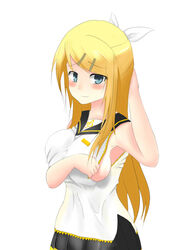 beige_skin blonde_hair blue_eyes breast breasts closed_mouth clothed color female female_only kagamine_rin kagamine_rin_(future_style) large_breasts long_hair open_eyes project_diva_(series) smile standing vocaloid white_background