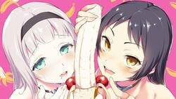 2girls aida_takanobu anna_nishikinomiya aqua_eyes banana black_hair brown_eyes cherry choker drooling end_card female food fruit green_eyes grey_hair hairband heart heart-shaped_pupils highres kajou_ayame multiple_girls official_art phallic_symbol saliva sexually_suggestive shimoneta_to_iu_gainen_ga_sonzai_shinai_taikutsu_na_sekai silver_hair simple_background symbol-shaped_pupils yellow_eyes