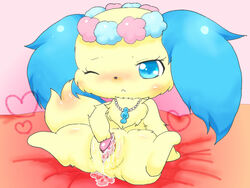 1girls blue_eyes blush canine cum cute dildo female female_only feral heart jewelpet jewelpet_(species) mammal masturbation one_eye_closed pussy pussy_juice sapphie_(jewelpet) sex_toy simple_background solo spreading