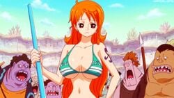 1girls animated animated_gif artist_request bikini_bra breasts female fishmen gif hourglass_figure large_breasts long_hair male multiple_males nami navel one_piece orange_hair