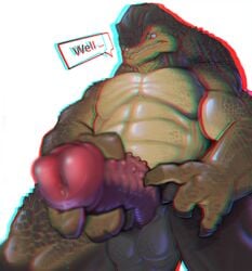 2015 3d_anaglyph 4_balls abs alien anthro balls biceps big_muscles big_penis blue_eyes chromatic_aberration cum cum_on_penis cum_string domination english_text erection furry holding_penis krogan looking_at_viewer looking_down low-angle_view male male_only mass_effect multi_balls multi_genitalia muscular muscular_male narse nubbed_penis nude pecs penis pov precum sahlohkin_(editor) scales simple_background smile solo standing submissive submissive_pov teeth text thick_penis thick_thighs urdnot_grunt vein veiny_penis video_games white_background