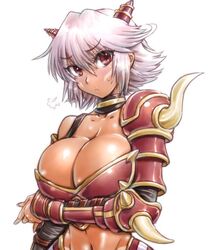 .hack// .hack//games amania_orz armor bare_shoulders bikini_armor black_rose_(.hack//) breasts cleavage dark-skinned_female dark_skin female large_breasts pink_hair red_eyes short_hair solo spikes