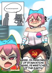 1girls :3 anon bisexual_pride_colors bulge comic communism english_text exhibitionism female female_focus fingerless_gloves glasses gloves hammer_and_sickle hat humor japanese_text male male_focus mxlovegopdng no_nose original_character outside panties penis penis_bulge pink_eyes pink_hair presenting presenting_bulge public red_panties short_hair short_sleeves shoulderless_shirt skirt skirt_lift small_breasts smug the_wretched_of_the_earth transgender_pride_colors white_shirt