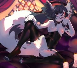 2016 anthro black_hair breasts brown_eyes candle canine cigarette cigarette_holder clothing cloud collar corset curtains detailed_background dragroon female fire fur hair hi_res inside legwear lingerie long_ears looking_at_viewer mammal nipples pussy short_hair sky smoke smoking solo spread_legs spreading sunlight thigh_highs white_fur window wolf