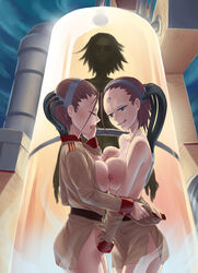 2girls bottomless breast_grab breast_press breasts brown_hair character_request closed_eyes copyright_request facial_mark fingering forehead_mark grabbing green_eyes groping highres jiffic medium_breasts multiple_girls nipples saliva saliva_trail short_hair steam symmetrical_docking tongue topless undressing uniform wrist_cuffs yuri