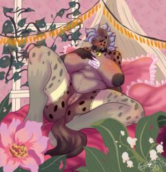 anthro anus bed bedroom_eyes bell_collar belly big_breasts blush breasts clothing collar detailed_background ezukapizumu female flower half-closed_eyes holidays huge_breasts hyaenid legwear mammal nipples on_bed pillow plant pussy reclining seductive silver_(ezukapizumu) slightly_chubby solo spotted_hyena spread_legs spreading thick_thighs tongue tongue_out valentine's_day voluptuous