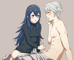 1boy abs arm_support blue_eyes blue_hair blush bottomless brown_eyes censored cfnm eyebrows_visible_through_hair female fire_emblem fire_emblem_awakening handjob kneeling long_hair lucina_(fire_emblem) mejiro penis robin_(fire_emblem) robin_(fire_emblem)_(male) silver_hair simple_background sitting straight sweat tiara