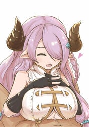 1boy black_gloves braid breasts closed_eyes cum doraf elbow_gloves female fingerless_gloves gloves granblue_fantasy hair_ornament hair_over_one_eye horns huge_breasts lavender_hair long_hair mikasayaki narmaya_(granblue_fantasy) paizuri pointy_ears single_braid smile solo_focus tied_hair