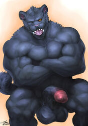 1boy abs animal_genitalia anthro balls belly biceps big_biceps big_muscles big_penis black_fur dust_yang erection feline front_view fur hi_res huge_penis humanoid_penis kneeling looking_at_viewer male male_only mammal manly mature_male muscular muscular_male nude open_mouth orange_eyes panther partially_retracted_foreskin pecs penis pose pubes simple_background solo standing teeth thick_penis tongue uncut vein veiny_penis