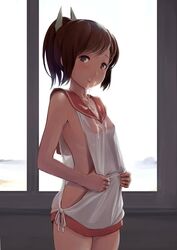 blush breasts brown_eyes brown_hair cum cum_on_body cum_on_breasts cum_on_clothes cum_on_upper_body facial female highres i-401_(kantai_collection) kantai_collection long_hair looking_at_viewer one-piece_tan ponytail school_uniform solo standing tan tanline tied_hair wa_(genryusui)