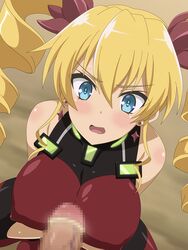 bare_shoulders blonde_hair blue_eyes blush breasts claire_harvey drill_hair erect_nipples fellatio female hair hundred large_breasts long_hair miyamaya open_mouth oral sweat tied_hair twintails