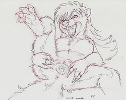 anthro anus breasts chest_tuft claws female fur gaping hair james_m_hardiman long_hair mammal natasha_(jmh) nipples nude open_mouth pawpads paws pussy sketch skunk solo spread_pussy spreading teeth tuft urethra