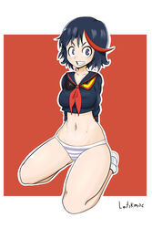 female kill_la_kill kneeling lotikmac matoi_ryuuko panties shimapan smiling solo striped striped_panties