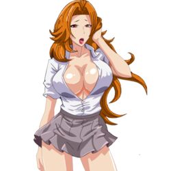 1girls big_breasts bleach fap_titans faptitans_girl female female_only game_cg long_hair matsumoto_rangiku miniskirt orange_hair red_eyes school_uniform solo tagme tongue_out