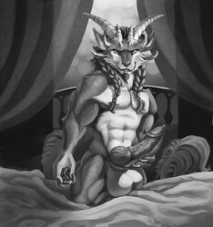 1boy abs animal_genitalia animal_penis anthro balls biceps big_balls canine canine_penis demon erection fantdragon fur hair horn knot long_hair looking_at_viewer male male_only mammal muscular nude pecs penis smile solo vein wolf