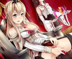 2girls bare_shoulders blonde_hair blue_eyes blush braid brown_hair brown_skirt censored collarbone corset crown curtains detached_sleeves dildo dress dutch_angle floral_print french_braid garter_straps hairband head_out_of_frame heart heart-shaped_pupils heart_censor holding_tray jewelry kantai_collection kongou_(kantai_collection) long_hair long_sleeves masturbation multiple_girls necklace nipples nontraditional_miko object_insertion off-shoulder_dress off_shoulder panties panties_aside pointless_censoring red_panties red_ribbon ribbon ribbon-trimmed_sleeves ribbon_trim rizuki_suwoto sitting skirt solo_focus spread_legs standing symbol-shaped_pupils thighhighs throne tied_hair underwear vaginal_object_insertion vaginal_penetration warspite_(kantai_collection) white_dress wide_sleeves