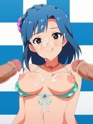 areolae bare_arms bare_shoulders bikini bikini_top blue_hair blush breasts breasts_out censored checkered_background cum cum_on_breasts cum_on_hair cum_on_upper_body facial female happy heart-shaped_pupils highres idolmaster idolmaster_million_live! looking_at_viewer male miyamaya mosaic_censoring nanao_yuriko nipples penis puffy_nipples short_hair simple_background smile solo_focus symbol-shaped_pupils tongue tongue_out upper_body yellow_eyes