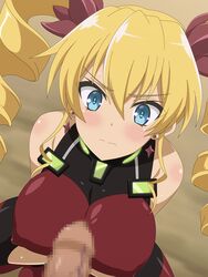 angry bare_shoulders blonde_hair blue_eyes blush breasts claire_harvey drill_hair erect_nipples fellatio female hair hundred imminent_oral large_breasts long_hair miyamaya oral sweat tied_hair twintails