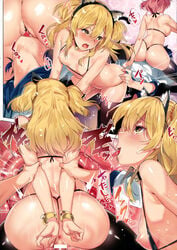 2girls ahe_gao anus arm_grab arms_behind_back ass bar_censor bikini black_bikini black_legwear blonde_hair blush bracelet breasts breasts_out brown_hair censored clothed_sex comic cowgirl_position cozyquilt cross_section cunnilingus from_behind from_side green_eyes hair_bobbles hair_ornament highres idolmaster idolmaster_cinderella_girls jewelry jougasaki_mika jougasaki_rika large_breasts leaning_forward long_hair lying male medium_breasts multiple_girls nipples on_back open_mouth oral pink_hair profile pussy rolling_eyes sex shiny shiny_skin short_hair siblings sideboob sisters speech_bubble sweater swimsuit talking teardrop text thighhighs tied_hair tongue tongue_out translation_request twintails vaginal_penetration