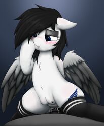 2016 anearbyanimal biting_lip black_hair blush chest_tuft clothing crotchboobs cum cum_in_pussy cum_inside cutie_mark duo equine faceless_male fan_character feathered_wings feathers female female_on_top feral freckles hair half-closed_eyes lamika legwear male mammal my_little_pony navel nipples on_top pegasus penetration simple_background solo_focus straight thigh_highs tuft vaginal_penetration wings