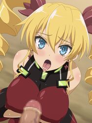 bare_shoulders blonde_hair blue_eyes blush breasts censored claire_harvey drill_hair erect_nipples fellatio female hair hundred large_breasts long_hair looking_at_viewer miyamaya open_mouth oral squatting sweat tied_hair tongue tongue_out twintails