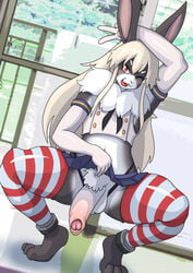 balls blonde_hair clothed clothing crossdressing crouching elbow_gloves gloves hair kori-nio lagomorph legwear long_ears long_penis male male_only mammal one_eye_closed open_mouth penis rabbit school_uniform skirt solo thigh_highs uncut uniform wink