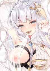 218 absurdres animal_ears arm_up armpits bangs blue_eyes blunt_bangs blush breasts closed_mouth elbow_gloves erune eyebrows_visible_through_hair female fingerless_gloves gloves granblue_fantasy hair_ornament highres korwa large_breasts lips long_hair looking_at_viewer mouth_hold nipples silver_hair smile solo sweat tape_measure white_gloves