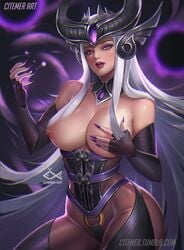 1girls citemer cleavage large_breasts league_of_legends long_fingernails nail_polish purple_eyes purple_nails silver_hair solo syndra