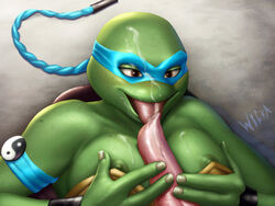 animal_genitalia animal_penis bald breasts brown_eyes color fuckgirl green_skin nipples paizuri penis reptile scalie sex teenage_mutant_ninja_turtles tongue turtle venus_de_milo wicka