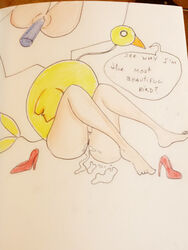 avian clothing cum cum_in_pussy cum_inside dildo female footwear high_heels homestar_runner long_legs multiple_scenes penetration sex_toy shoes simple_background sitting text the_yello_dello traditional_media_(artwork) unknown_artist white_background