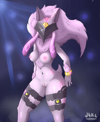 2016 anthro areola ass breasts caprine chest_tuft cute digitigrade female fur furry highres hooves huge_ass j4kl kindred lamb_(league_of_legends) large_breasts league_of_legends long_ears long_hair looking_at_viewer mammal mask nipples nude presenting pussy riot_games sheep simple_background solo spirit tuft