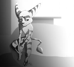 balls bed bedroom_eyes half-closed_eyes keroa lombax male male_only mammal monochrome nude penis ratchet_(ratchet_and_clank) ratchet_and_clank seductive shadow sitting solo solo_focus stripes tail_tuft tuft video_games