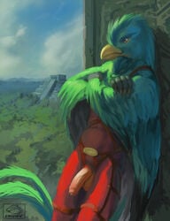 1boy 2016 abs anthro athletic avian balls beak bird chunie claws cloud detailed_background flaccid glans hi_res male male_only nude outside partially_retracted_foreskin penis quetzal sky solo standing temple uncut vein veiny_penis