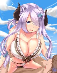 1boy bikini bikini_aside blue_eyes blush breasts censored cleavage collarbone cow_girl cow_horns cowgirl_position female gran_(granblue_fantasy) granblue_fantasy hair_ornament hair_over_one_eye hairclip happy happy_sex heart-shaped_pupils highres horns huge_breasts kona_matsu long_hair narmaya_(granblue_fantasy) open_mouth outdoors penis pointy_ears purple_hair pussy sex sitting_on_person sky smile straddle straight summer swimsuit symbol-shaped_pupils vaginal_penetration white_bikini white_swimsuit