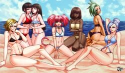 6+girls 7girls abs amber_(rwby) barefoot beach bikini blonde cat_tail dark-skinned_female dark_skin facial_markings feet female female_only glasses glynda_goodwitch green_hair hair_bun jadenkaiba long_hair melanie_malachite miltiades_malachite multiple_girls neon_katt pigtails pink_hair reese_chloris rwby short_hair watermark white_hair winter_schnee