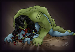 bed female from_behind_(disambiguation) humanoid leilan male male/female orc orc_male sex straight troll troll_female tusks video_games warcraft world_of_warcraft