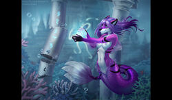 5_fingers anthro black_bars black_nose breasts canine female fur hair mammal marine merfolk midriff nastywolf613 navel pink_pussy purple_fur purple_hair purple_scales pussy scales selene_leni smile solo symbol ts-cat white_fur