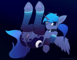 2016 alicorn ass blue_background blue_eyes blue_hair blush clothing collar cutie_mark dock equine feathered_wings feathers female friendship_is_magic gradient_background hair hooves horn legs_up legwear looking_at_viewer lying mammal my_little_pony on_back pony-butt-express ponytail princess_luna_(mlp) pussy simple_background solo thigh_highs tied_hair underhoof wings