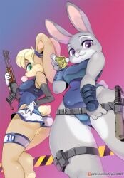 2girls athletic_female big_breasts blonde_hair bunny_ears clothing crossover female female_only fur furry furry_only grey_hair judy_hopps lola_bunny medium_breasts one-piece_swimsuit police_uniform shepherd0821 skirt standing swimsuit swimwear tagme zootopia