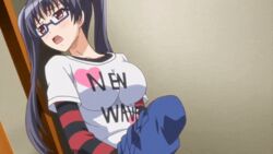 animated animated_gif black_hair breasts collaboration_works eroge! eroge!_h_mo_game_mo_kaihatsu_zanmai glasses kosaka_iori large_breasts masturbation moaning nipples screencap screenshot tied_hair twintails