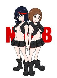 2girls alternate_costume armpit_holster belt black_hair blue_eyes boots breasts brown_eyes brown_hair female female_only hand_holding highres holster kill_la_kill mako_(macomaco7) mankanshoku_mako matoi_ryuuko multicolored_hair multiple_girls navel nudist_beach_uniform short_hair simple_background streaked_hair tactical_nudity utility_belt