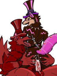 animal_jam anthro aparri balls beard brown_fur cum facial_hair fur hat melee_weapon open_mouth penis pussy red_fur simple_background sword top_hat weapon white_background wisteriamoon wolf_(animal_jam)