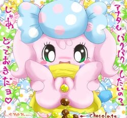 blush bow candy candy_pakupaku chocolate clothing cute dress food green_eyes heart lemon looking_at_viewer pussy pussy_juice smile suvaru tamagotchi text translation_request young